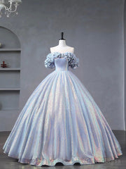 Blue Tulle Sequins Long Formal Dress, Off the Shoulder Princess Dress Sweet 16 Dress