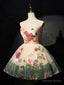 Champagne Scoop Neck Short Prom Dress with Flowers, Cute A Line Prom Dresses