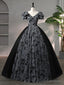 Beautiful Black Rhinestone Flower Prom Dress, Black V Neck Short Sleeve Prom Dresses