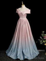Pink Gradient Shiny Floor Length Prom Dress, Off Shoulder A-Line Evening Party Dress