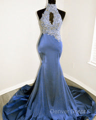 Magenta Mermaid Lace Applique Halter Prom Dresses