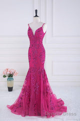 Magenta Straps V-Neck Sequin Appliques Mermaid Prom Dress