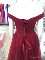 Maroon Off Shoulder Bridesmaid Dress Long, Simple Tulle Dress