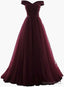 Maroon Off Shoulder Bridesmaid Dress Long, Simple Tulle Dresses