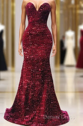 Maroon Sequin Prom Dresses Mermaid Strapless