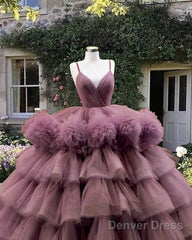 Mauve Pink Tiered Tulle Ball Gown Dress