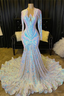 Mermaid Asymmetrical Sequined Floor Length Long Sleeve Appliques Lace Prom Dresses