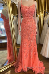 Mermaid Backless Orange Lace Long Prom Dresses, Mermaid Orange Lace Formal Dresses, Orange Lace Evening Dresses