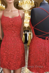 Mermaid Backless Short Red Lace Prom Homecoming Dresses, Mermaid Red Formal Dresses, Red Lace Evening Dresses