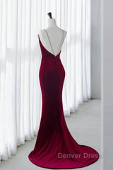 Mermaid Backless Velvet Burgundy Long Prom Dresses With Beads