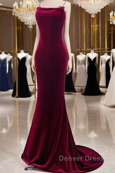 Mermaid Backless Velvet Burgundy Long Prom Dresses With Beads