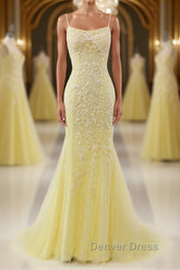 Mermaid Backless Yellow Lace Long Prom Dresses, Mermaid Yellow Formal Dresses, Yellow Lace Evening Dresses