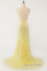 Mermaid Backless Yellow Lace Long Prom Dresses, Mermaid Yellow Formal Dresses, Yellow Lace Evening Dresses