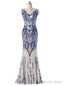 Mermaid Blue Sequins V Neck Prom Dresses