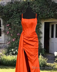 Mermaid Bright Orange Satin Split Dress