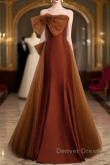 Mermaid Brown Tulle Satin Strapless Long Party Dresses Formal Dresses Prom Dresses With Bow(S)