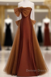 Mermaid Brown Tulle Satin Strapless Long Party Dresses Formal Dresses Prom Dresses