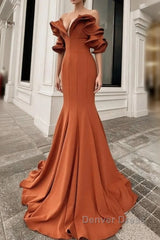 Mermaid Burnt Orange Ruffles Shoulder Dresses