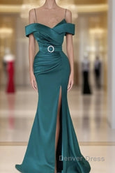 Mermaid Dark Green Cold Shoulder Satin Dresses