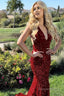 Mermaid Deep V Neck Burgundy Sparkly Long Sequins Prom Dresses