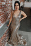 Mermaid Deep V Neck Champagne Sequins Long Prom Dresses with Sweep Train