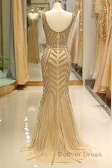 Mermaid Deep V-Neck Gold Beaded Prom Dresses