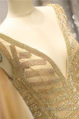 Mermaid Deep V-Neck Gold Beaded Prom Dresses