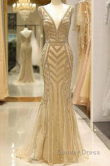 Mermaid Deep V-Neck Gold Beaded Prom Dresses