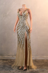 Mermaid Deep V Neck Golden Long Prom Dress with Silt