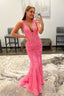 Mermaid Deep V Neck Pink Long Prom Dresses with Appliques