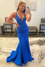 Mermaid Deep V Neck Royal Blue Long Prom Dress with Beading Party Dresses