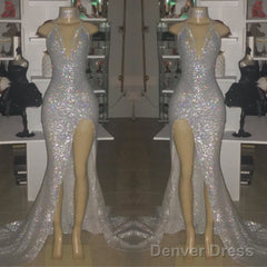 Mermaid Front Slit Deep V-Neck Halter Court Paillette Prom Dress