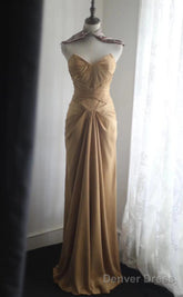 Mermaid Gold Strapless Satin Long Prom Dress Simple Evening Dress