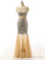 Mermaid Golden Beading Sequins Backless Tulle Prom Dresses