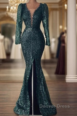 Mermaid Green Long Sleeve Sequin Prom Dresses