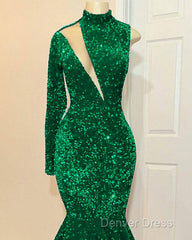 Mermaid Green Sequin Prom Dresses One Shoulder High Neck