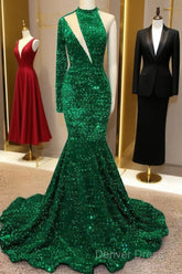 Mermaid Green Sequin Prom Dresses One Shoulder High Neck