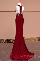 Mermaid Halter Burgundy Long Prom Dresses