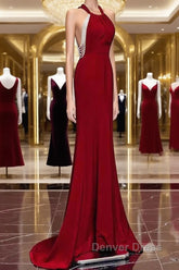 Mermaid Halter Burgundy Long Prom Dresses