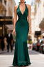 Mermaid Halter Dark Green Long Satin Prom Dresses