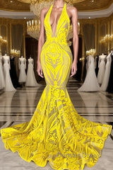 Mermaid Halter Floor-length Sleeveless Open Back Appliques Lace Prom Dresses