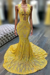 Mermaid Halter Floor-length Sleeveless Open Back Sequined Appliques Lace Prom Dresses
