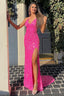 Mermaid Halter Neck Hot Pink Sequins Long Prom Dresses with Split Front