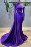 Mermaid High Neck Asymmetrical Floor Length Long Sleeve Flower Prom Dresses