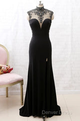 Mermaid High Neck Beaded Jersey Black Formal Evening Prom Gown With Slit