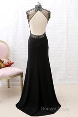 Mermaid High Neck Beaded Jersey Black Formal Evening Prom Gown With Slit