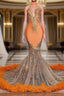 Mermaid High Neck Floor Length Sleeveless Appliques Lace Prom Dresses With Feather