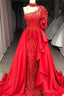 Mermaid High Neck One Shoulder Floor Length Half Sleeve Appliques Lace With Side Train Prom Dresses