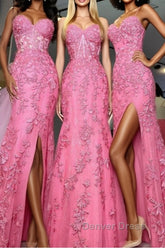 Mermaid Hot Pink Lace Long Prom Dresses, Long Hot Pink Formal Graduation Evening Dresses