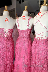 Mermaid Hot Pink Lace Long Prom Dresses, Long Hot Pink Formal Graduation Evening Dresses
